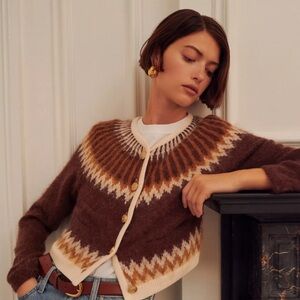 J Crew Fair Isle cardigan sweater in brushed yarn - Brown and Cream